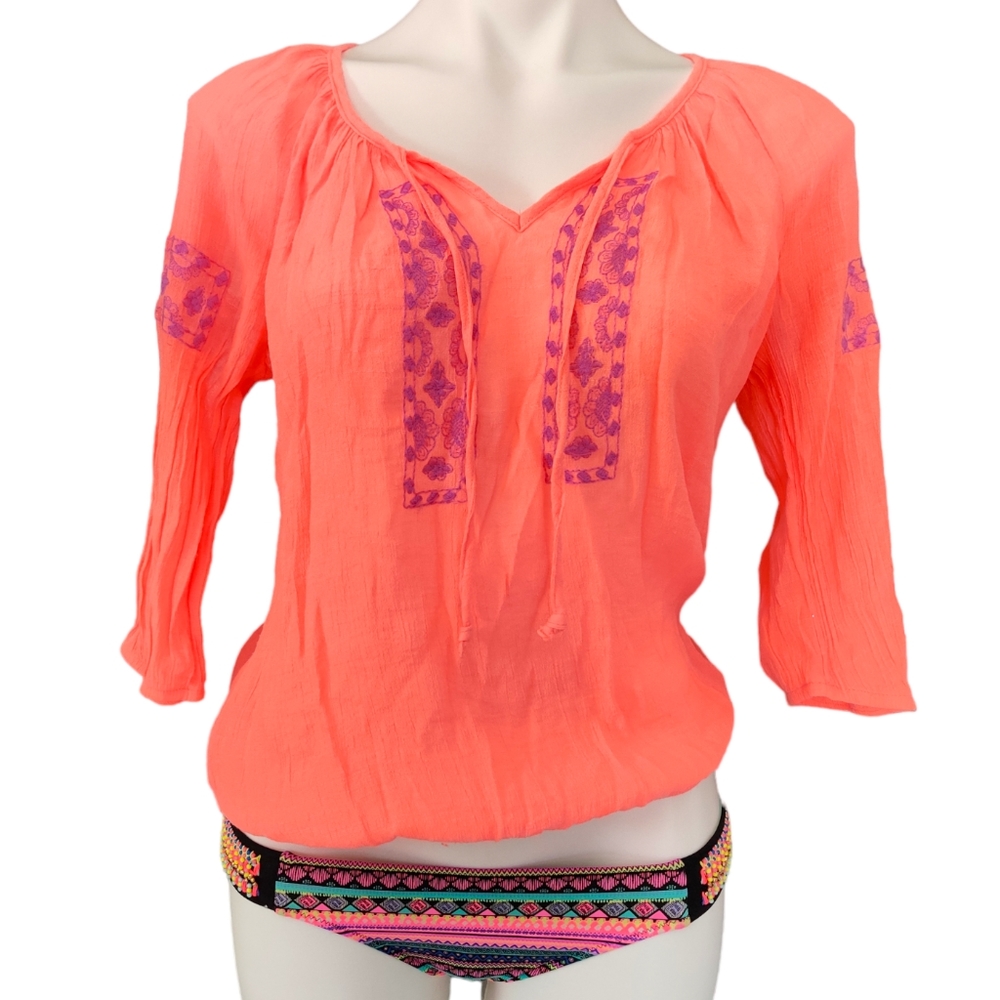 MUDD Creamsicle Orange Purple Embroidered 3/4 Sleeve Blouse EUC sz M